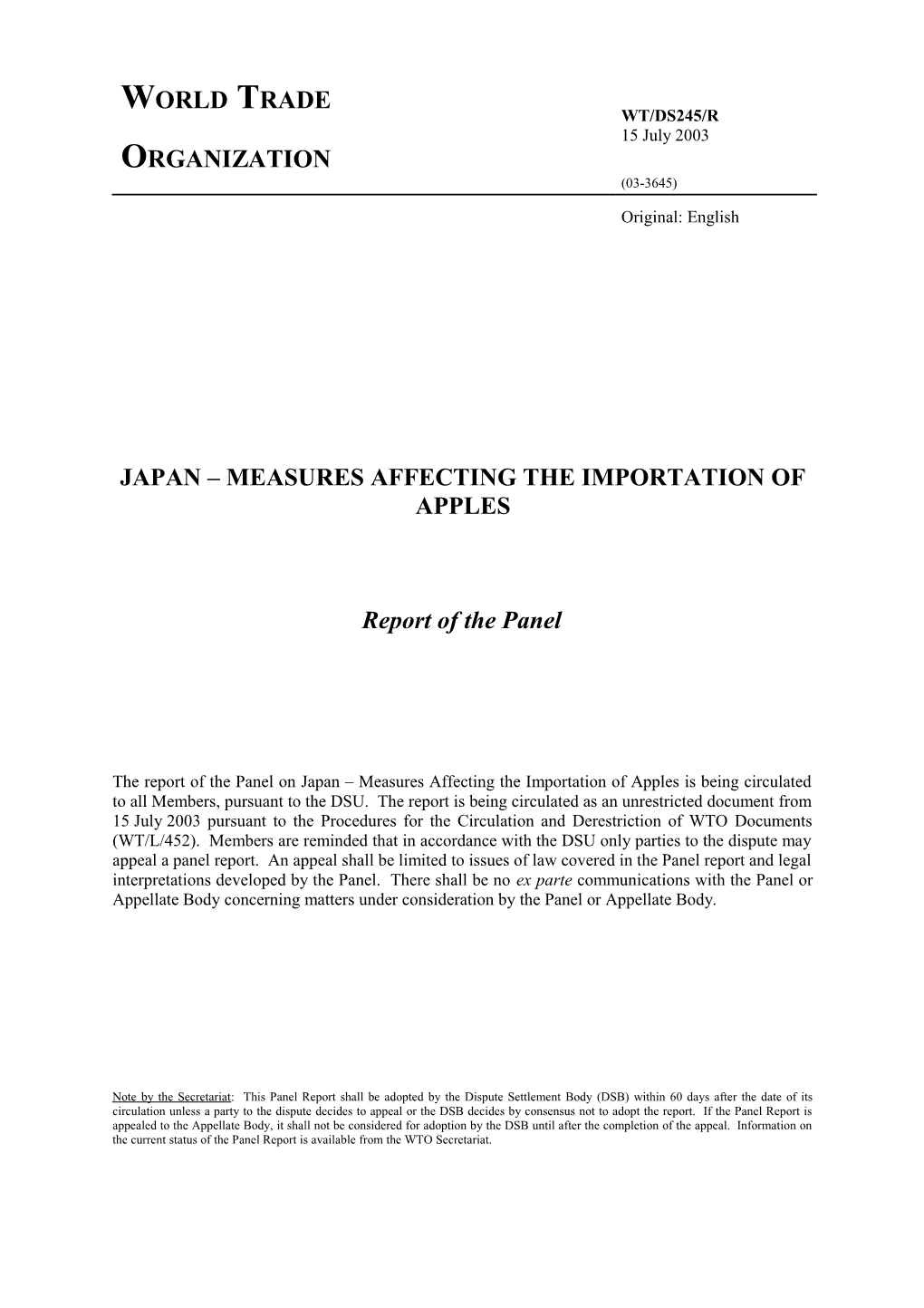 Japan Measures Affecting the Importation of Apples