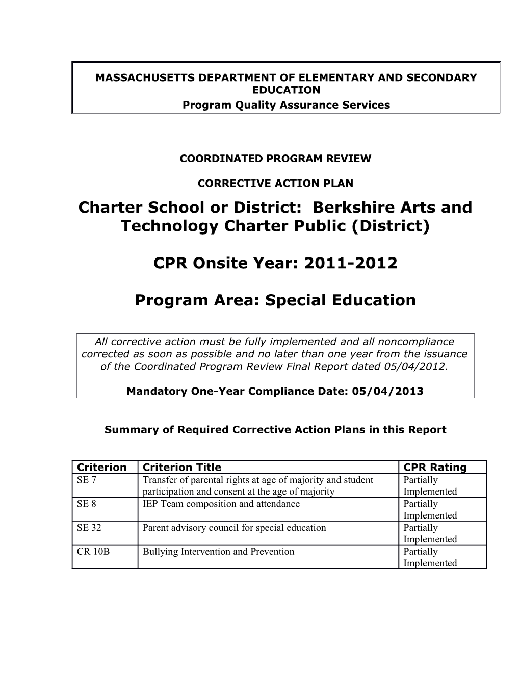 Berkshire Arts and Technology Charter School CAP 2012
