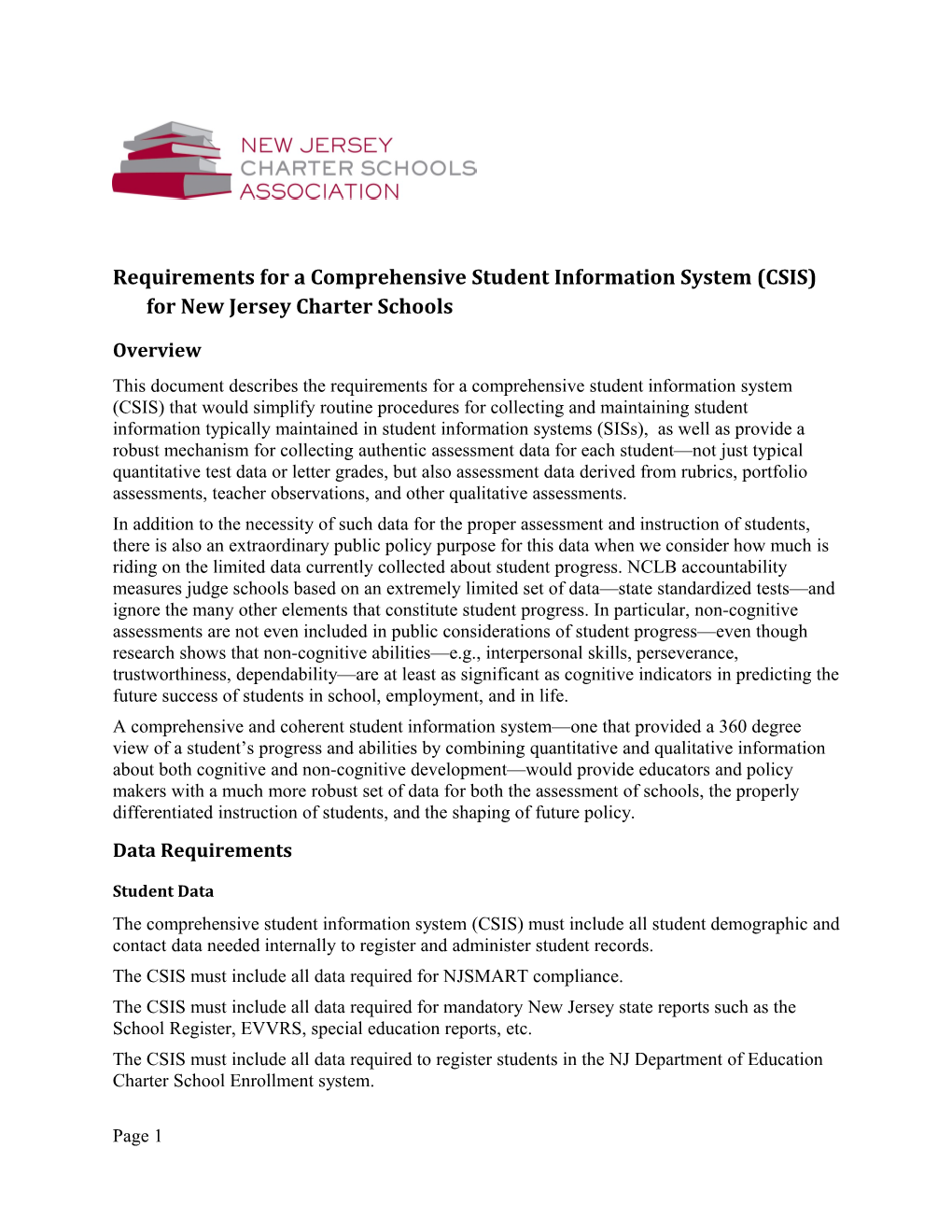 Requirements for a Comprehensive Student Information System (CSIS) for New Jersey Charter