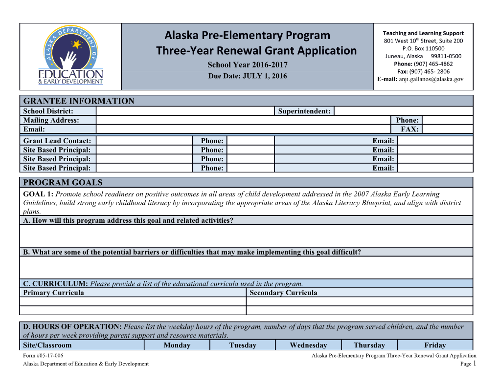 Alaska Pre-Elementary Programthree-Year Renewal Grant Application