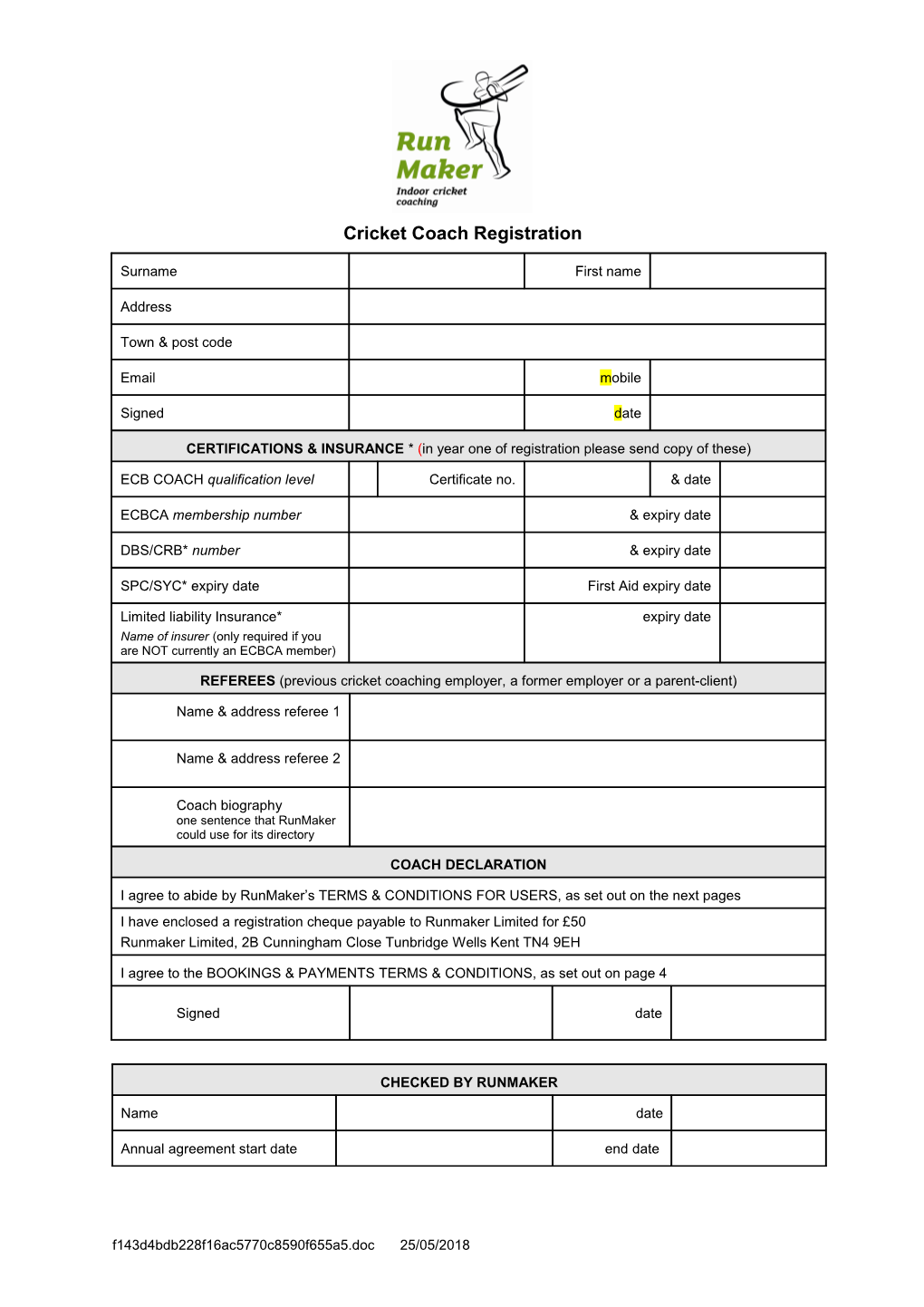 Cricket Coach Registration