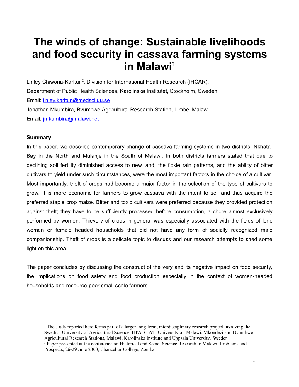 The Winds Of Change: Sustainable Livelihoods And Food Security In Cassava Farming Systems In Malawi