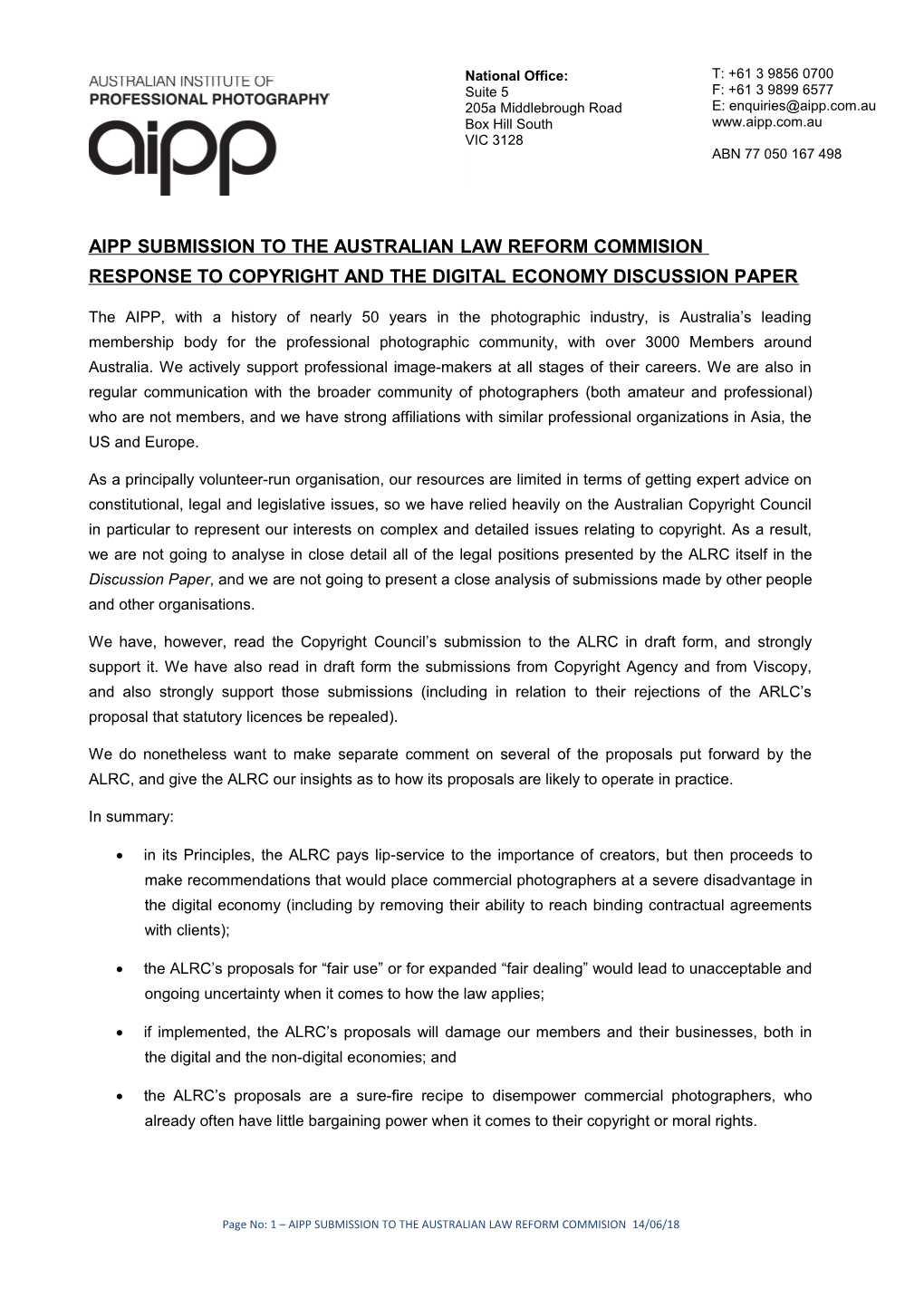 Aipp Submission to the Australian Law Reform Commision Response to Copyright and the Digital