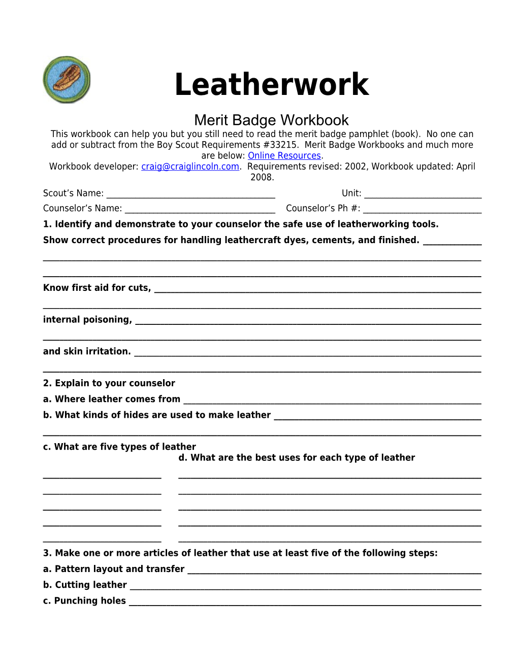 Leatherwork P. 2 Merit Badge Workbook Scout's Name: ______