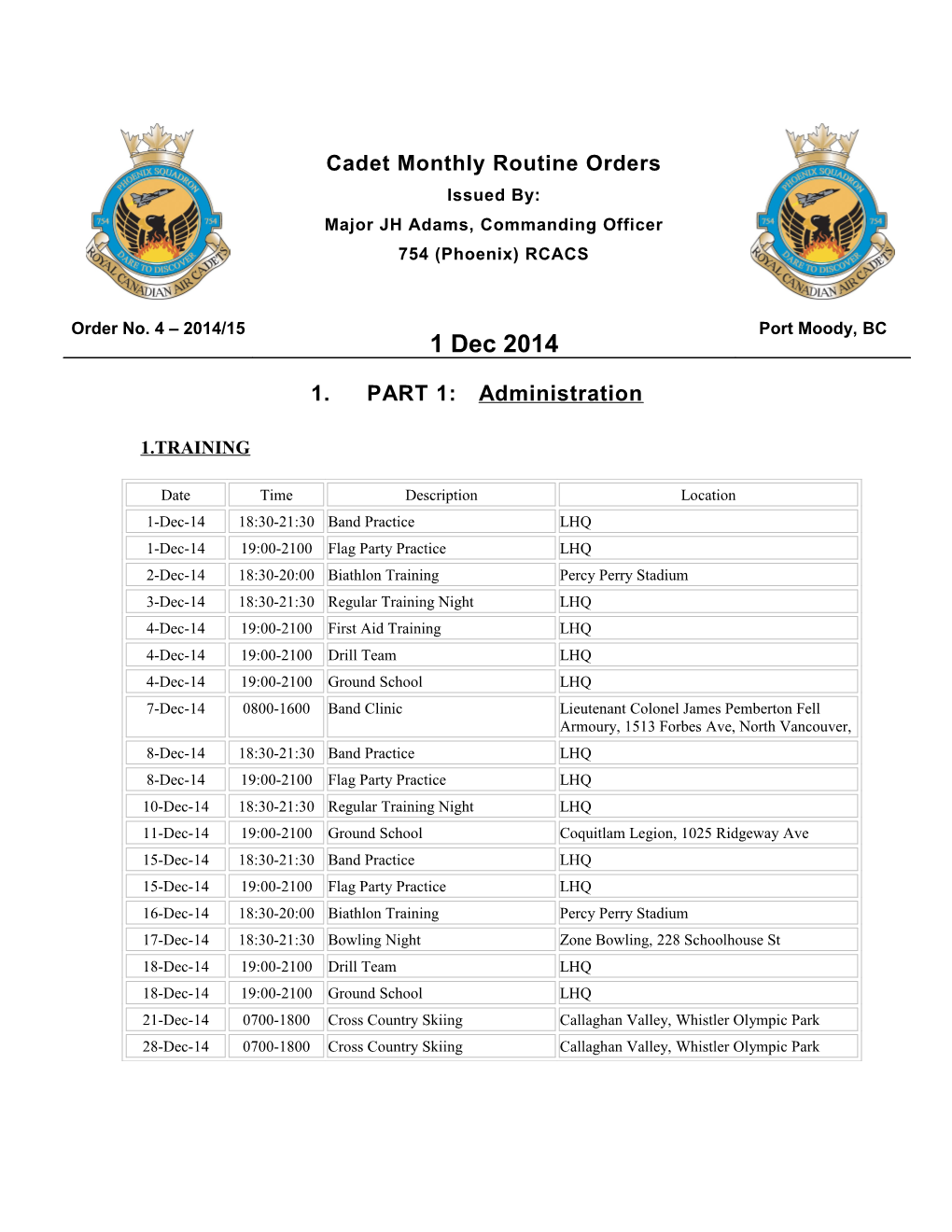 Cadet Monthly Routine Ordersissued By:Major JH Adams, Commanding Officer754 (Phoenix) RCACS s1
