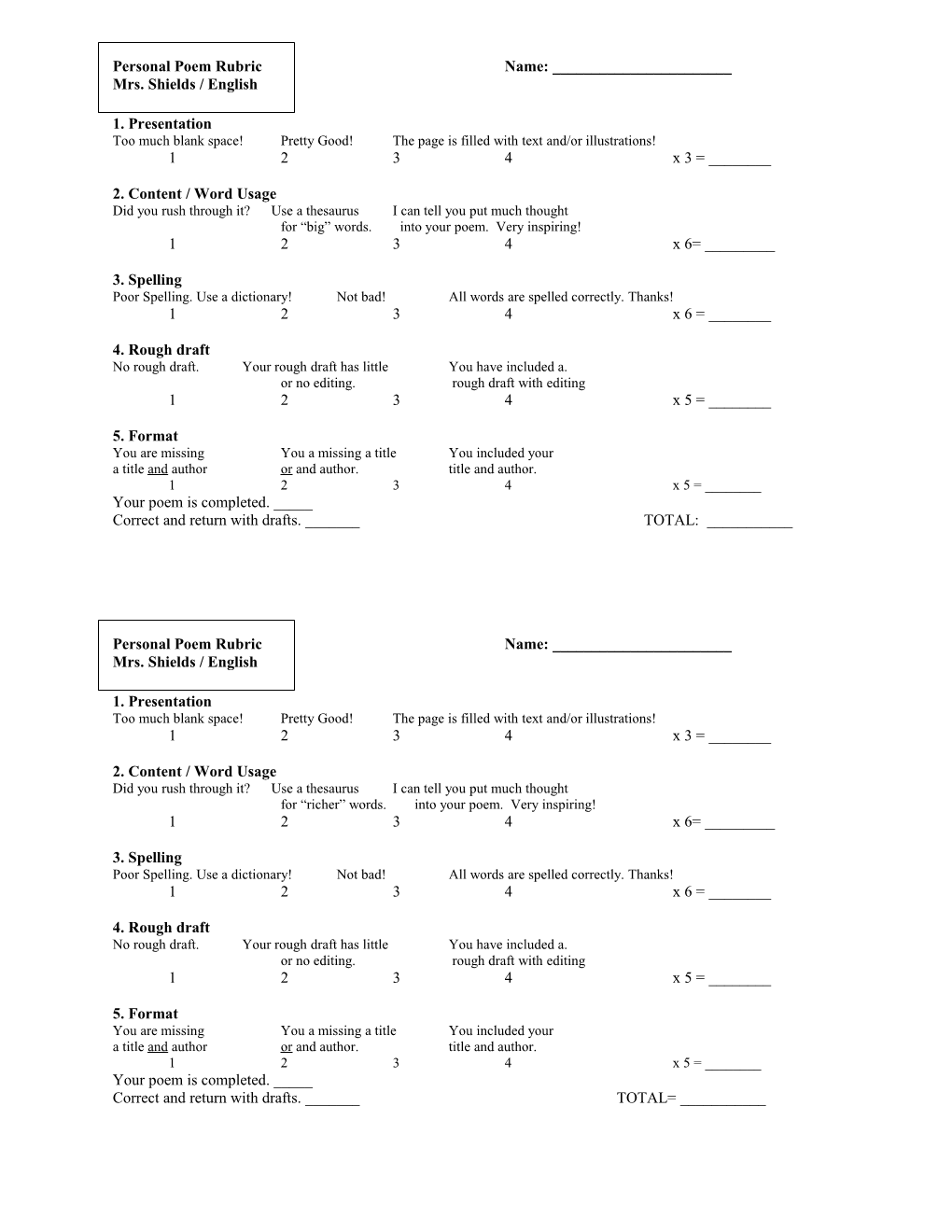 Personal Poem Rubric