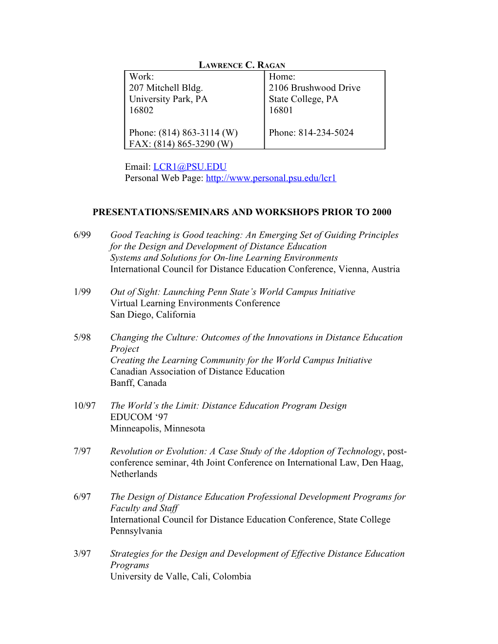 Presentations/Seminars and Workshops Prior to 2000