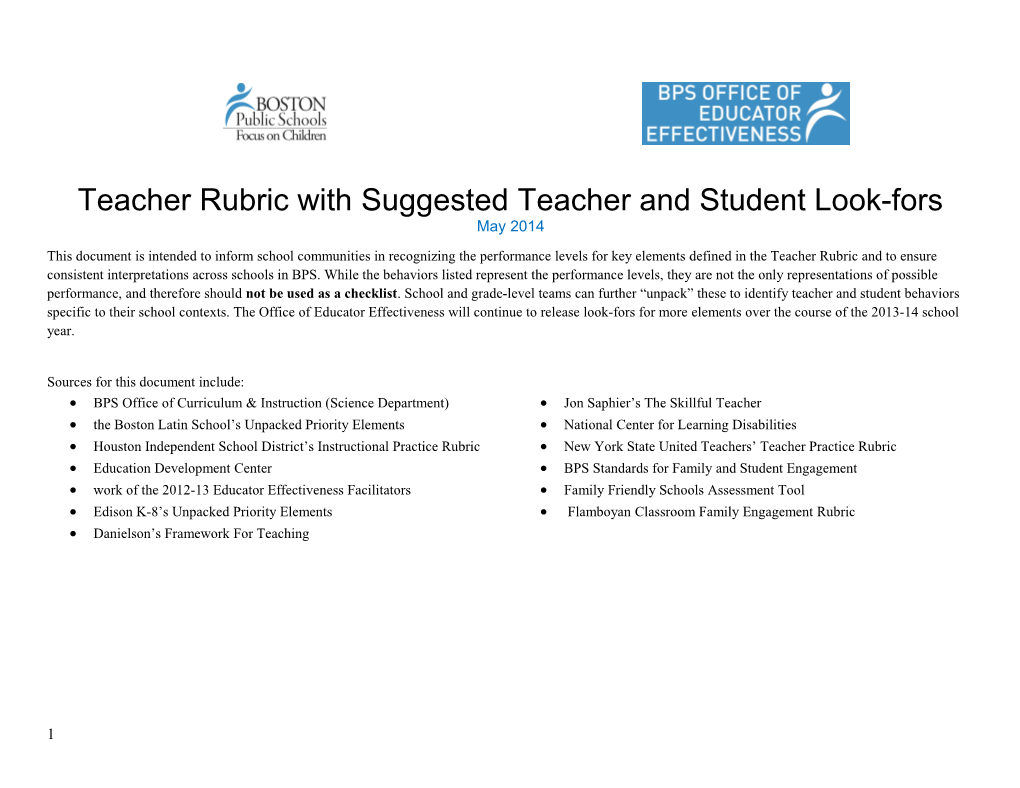 Teacher Rubric with Suggested Teacher and Student Look-Fors