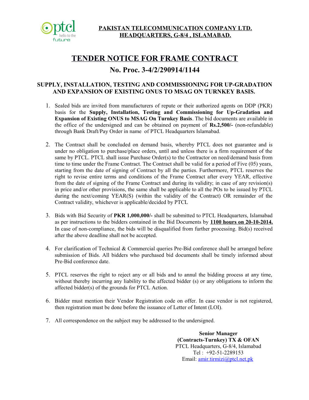 Tender Notice for Frame Contract