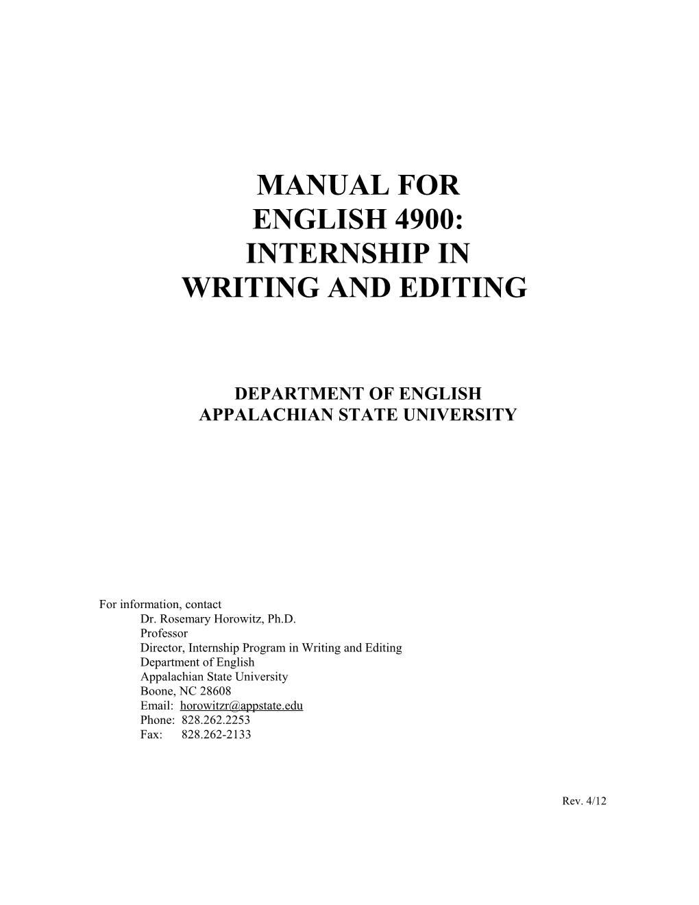 Internship In Writing And Editing: English 4900