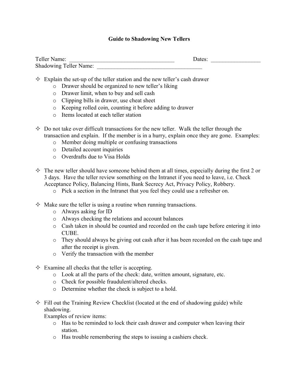 Guide to Shadowing New Tellers