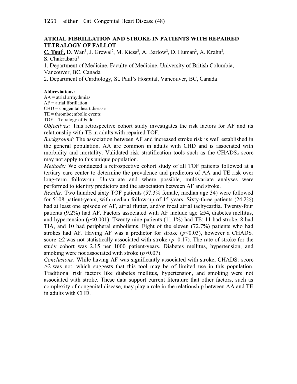 Atrial Fibrillation and Stroke in Patients with Repaired Tetralogy of Fallot