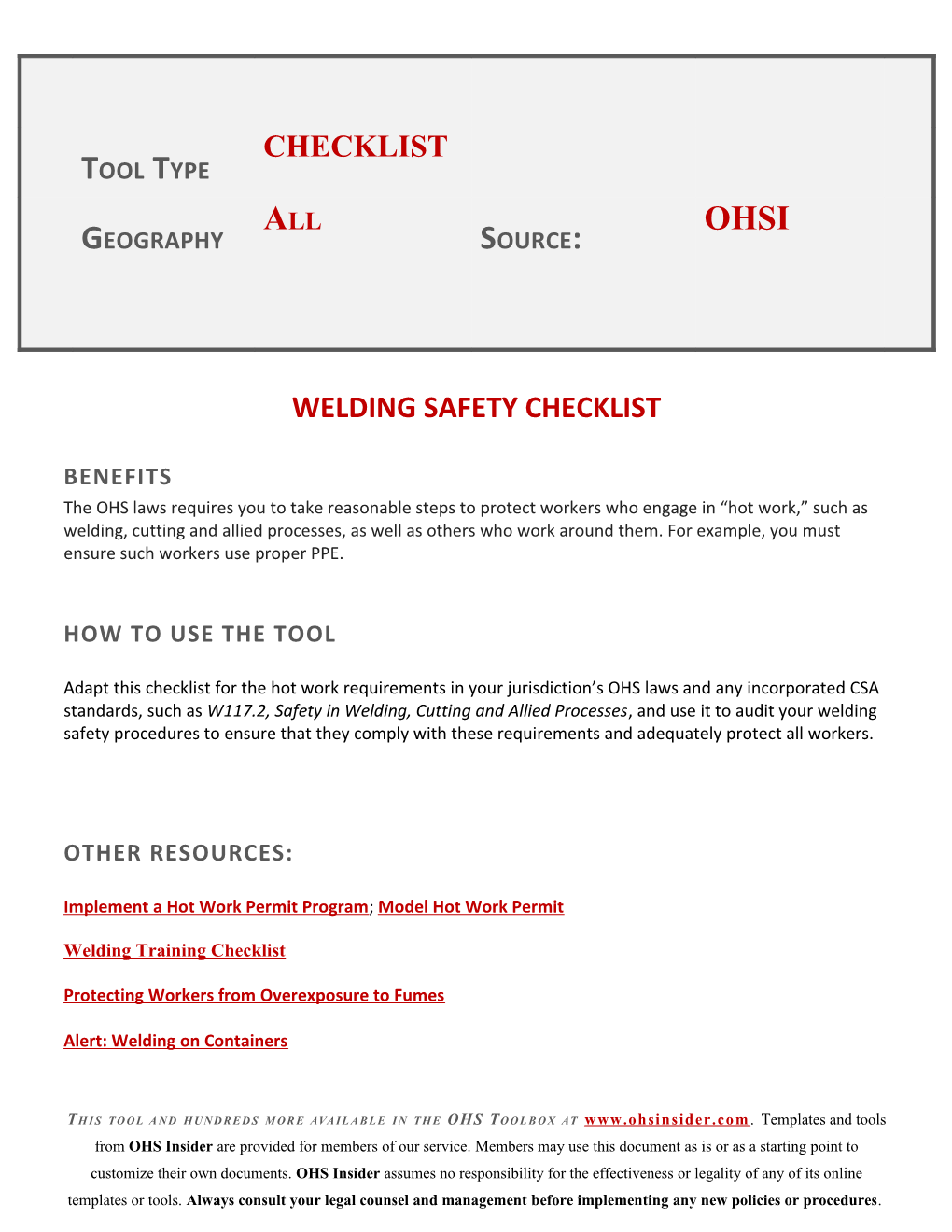 Welding Safety Checklist