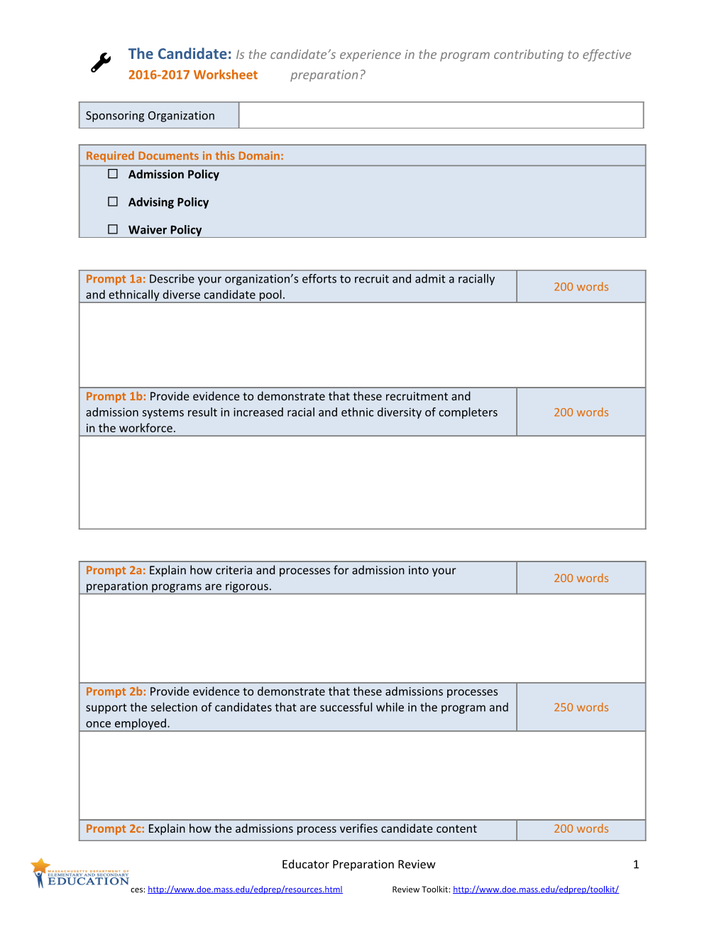 2016-2017 Educator Preparation Review the Candidate Worksheet