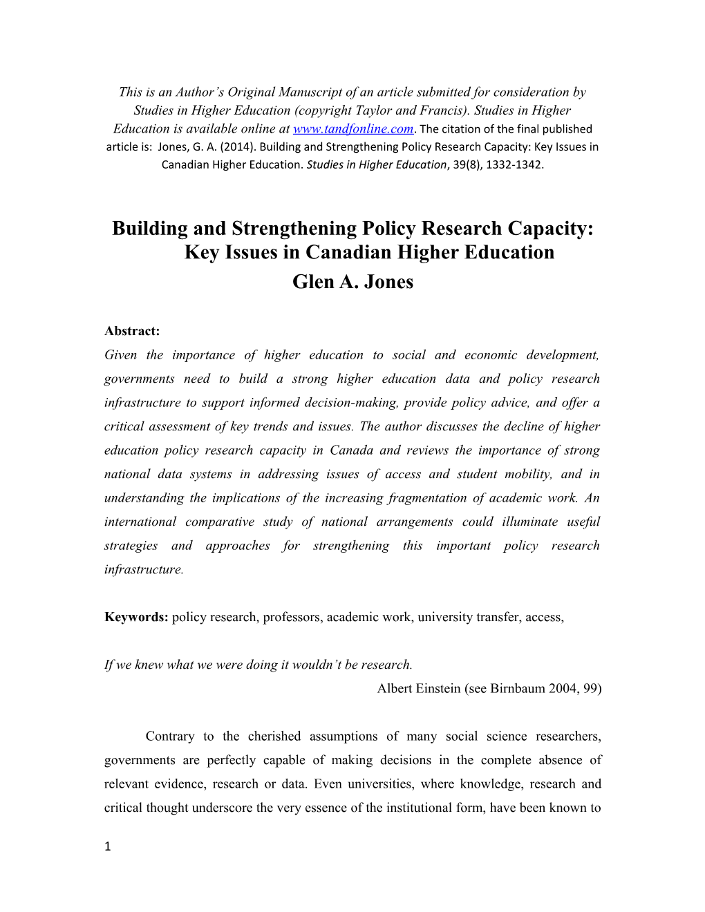 Building and Strengthening Policy Research Capacity: Key Issues in Canadian Higher Education