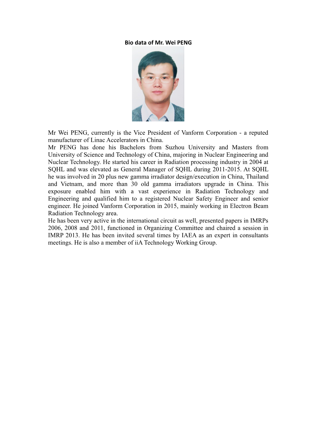 Bio Data of Mr. Wei PENG