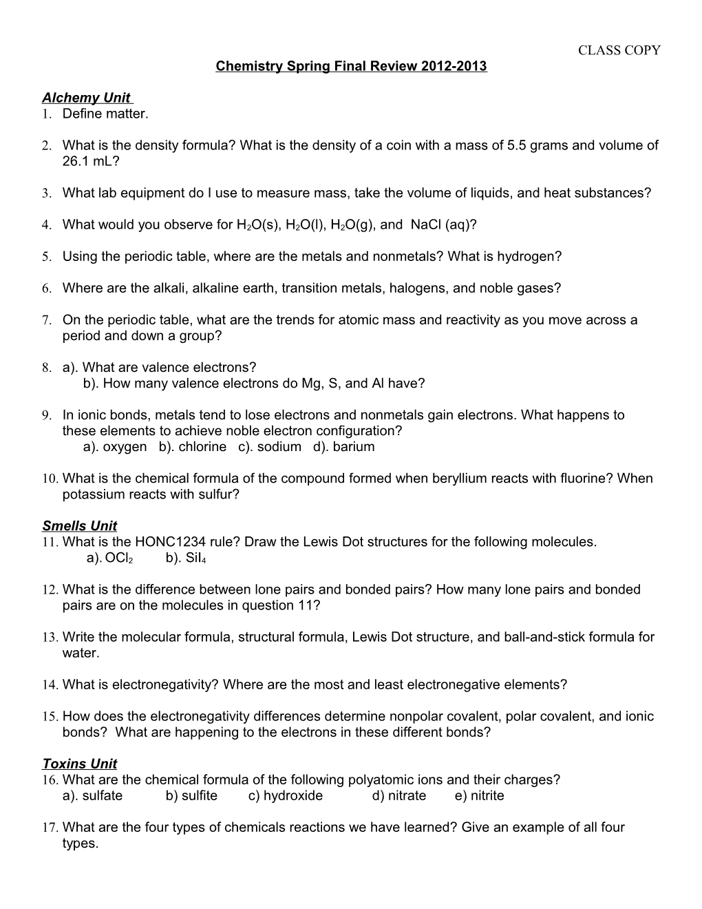 Chemistry Fall Final Study Guide Concepts s1