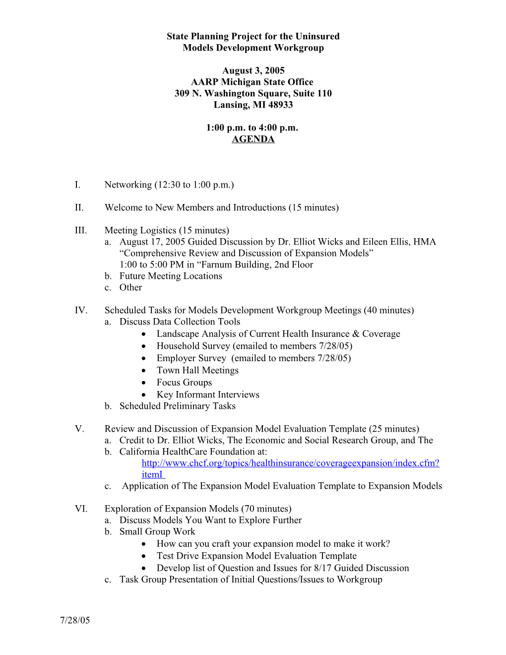 Agenda for Model Development Workgroup