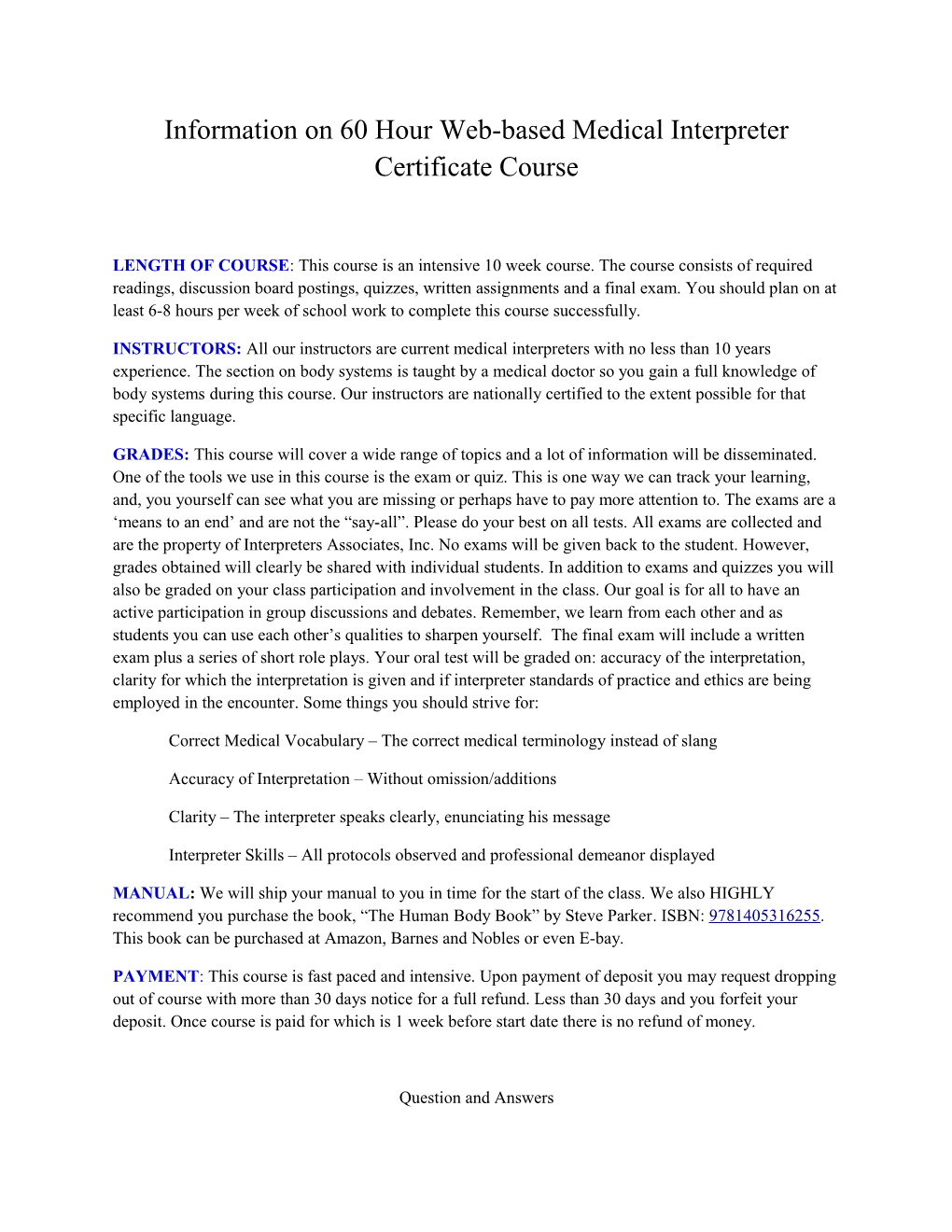 Information on 60 Hour Web-Based Medical Interpreter Certificate Course