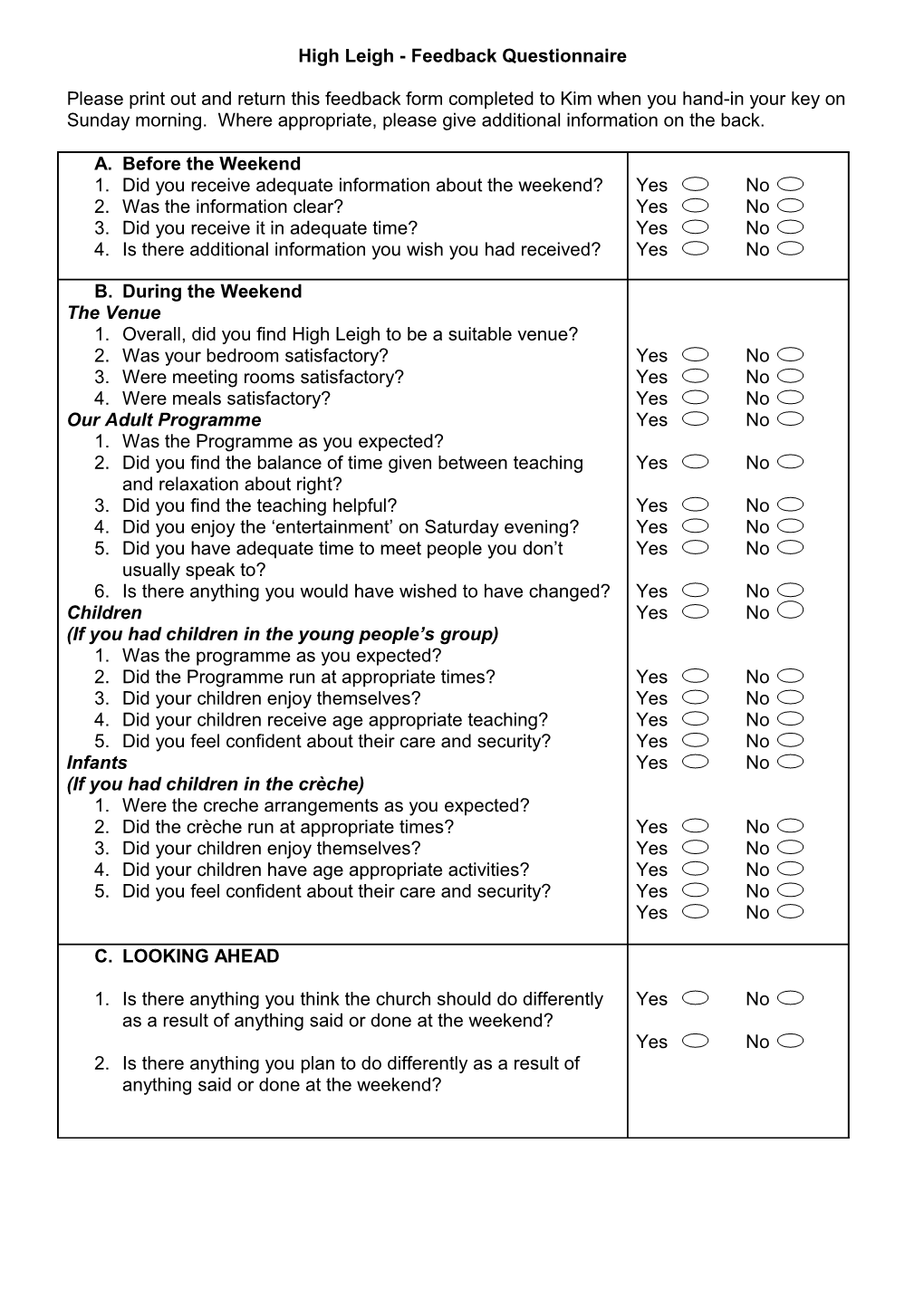 High Leigh - Feedback Questionnaire