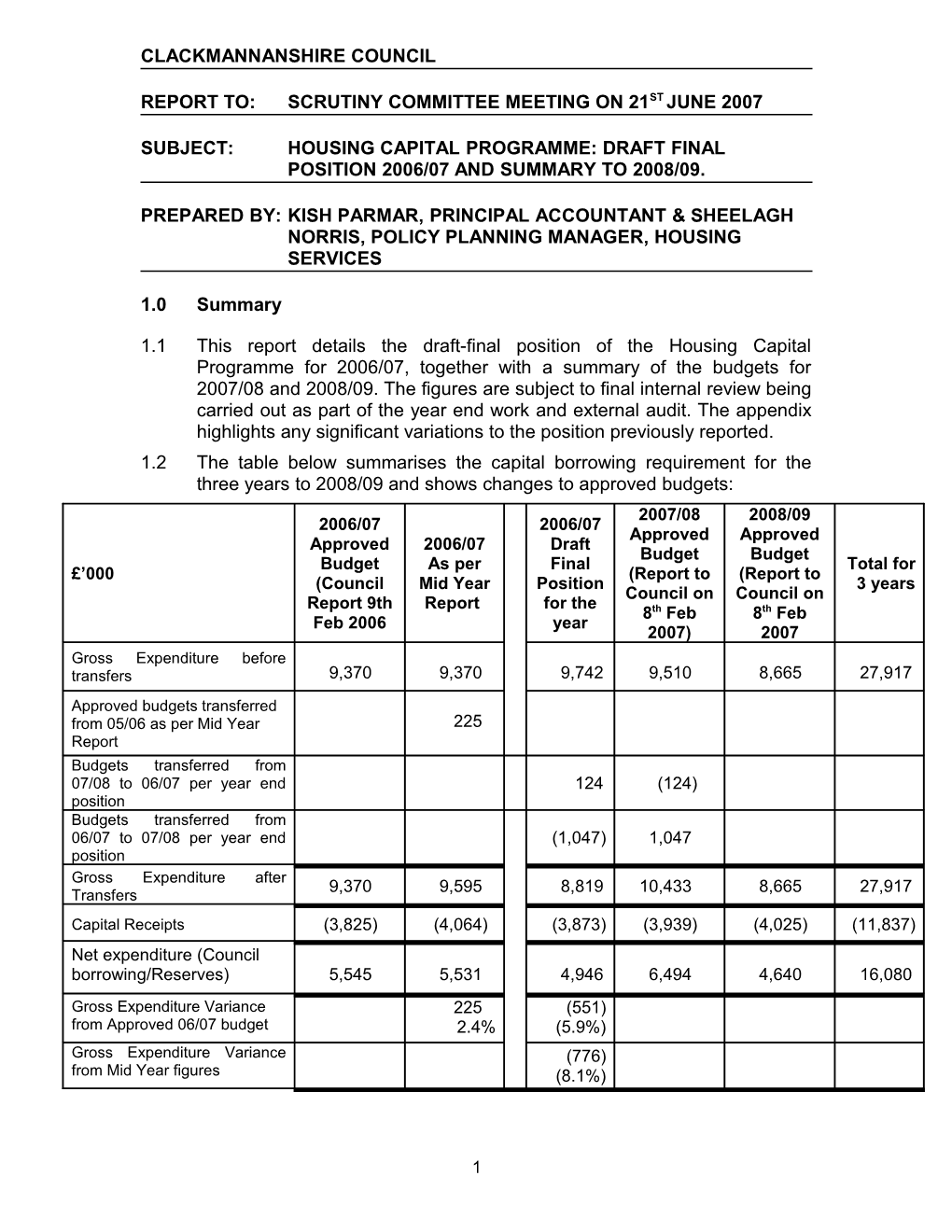 Subject: Housing Capital Programme: Draft Final Position 2006/07 and Summary to 2008/09