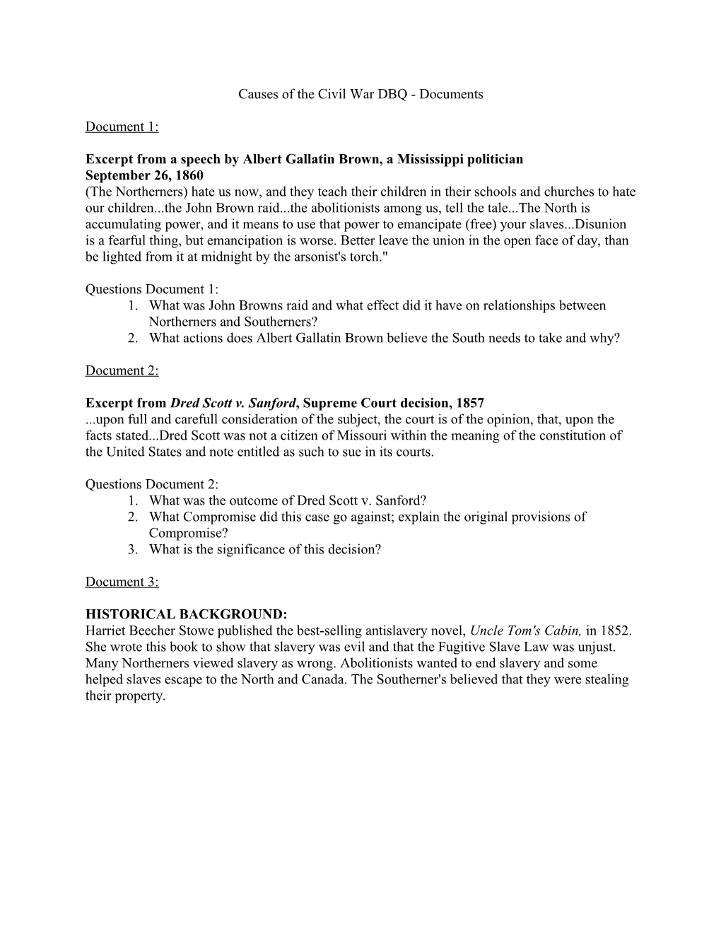 Causes of the Civil War DBQ - Documents