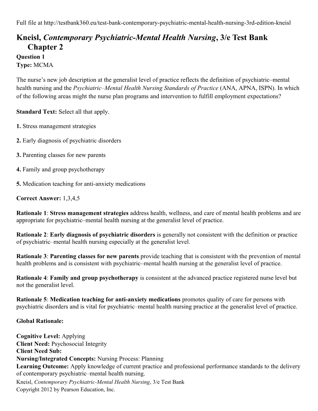 Kneisl, Contemporary Psychiatric-Mental Health Nursing, 3/E Test Bank Chapter 2