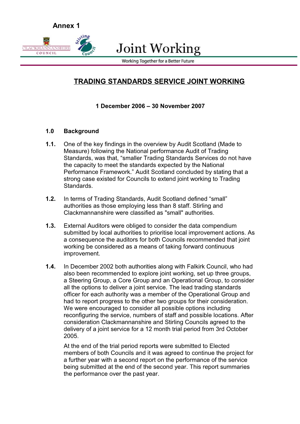 12 Month Review Report Joint Trading Standards Service