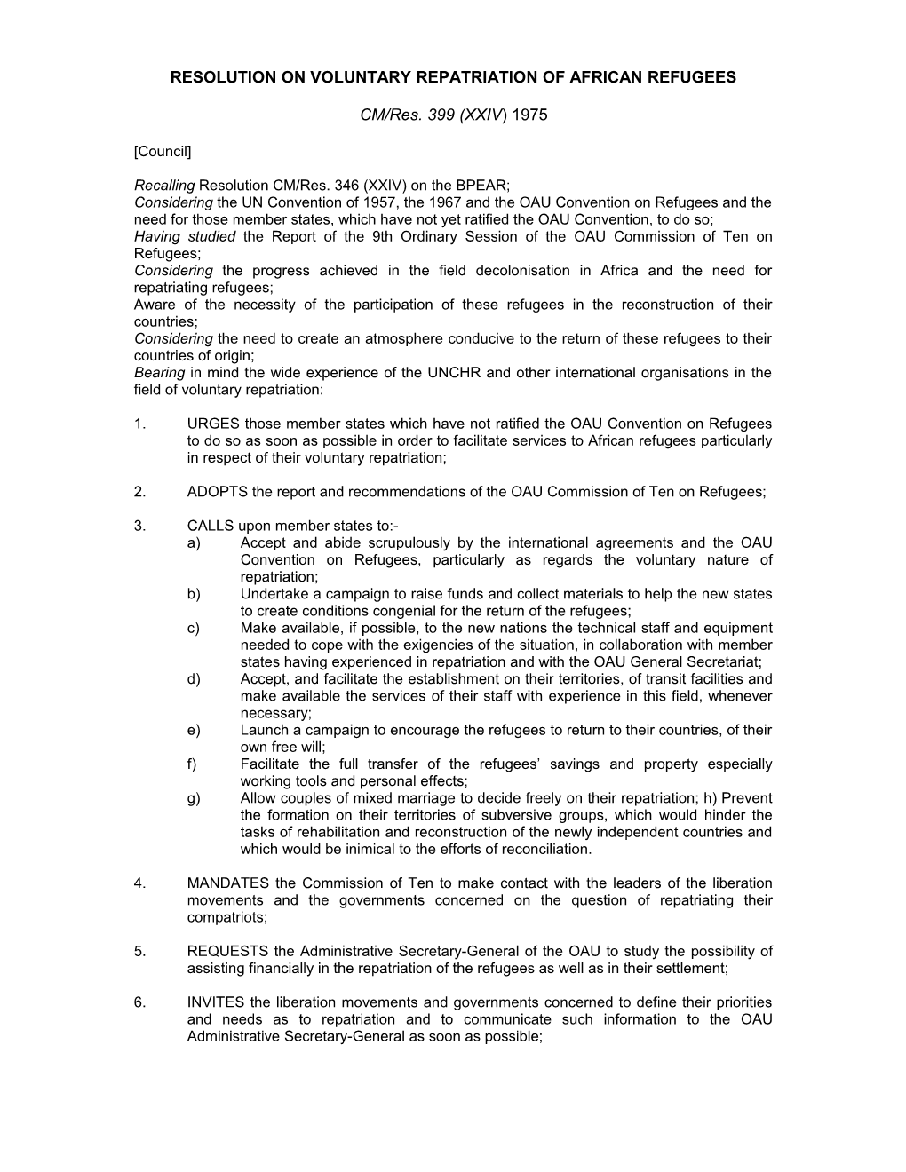 Resolution on Voluntary Repatriation of African Refugees