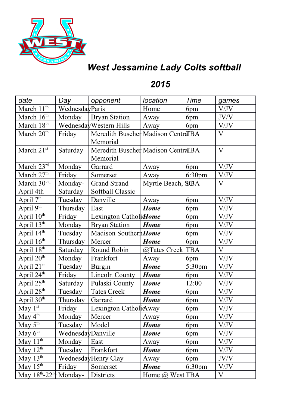 As of 2/2/2015. This Is Not the Final Schedule. This Is Subject to Change