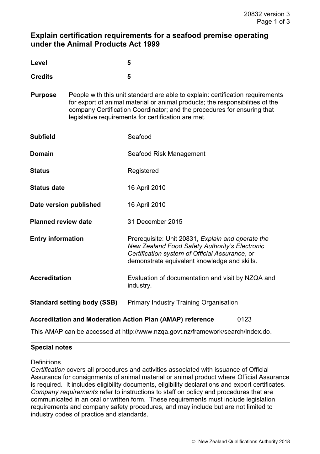 20832 Explain Certification Requirements for a Seafood Premise Operating Under the Animal