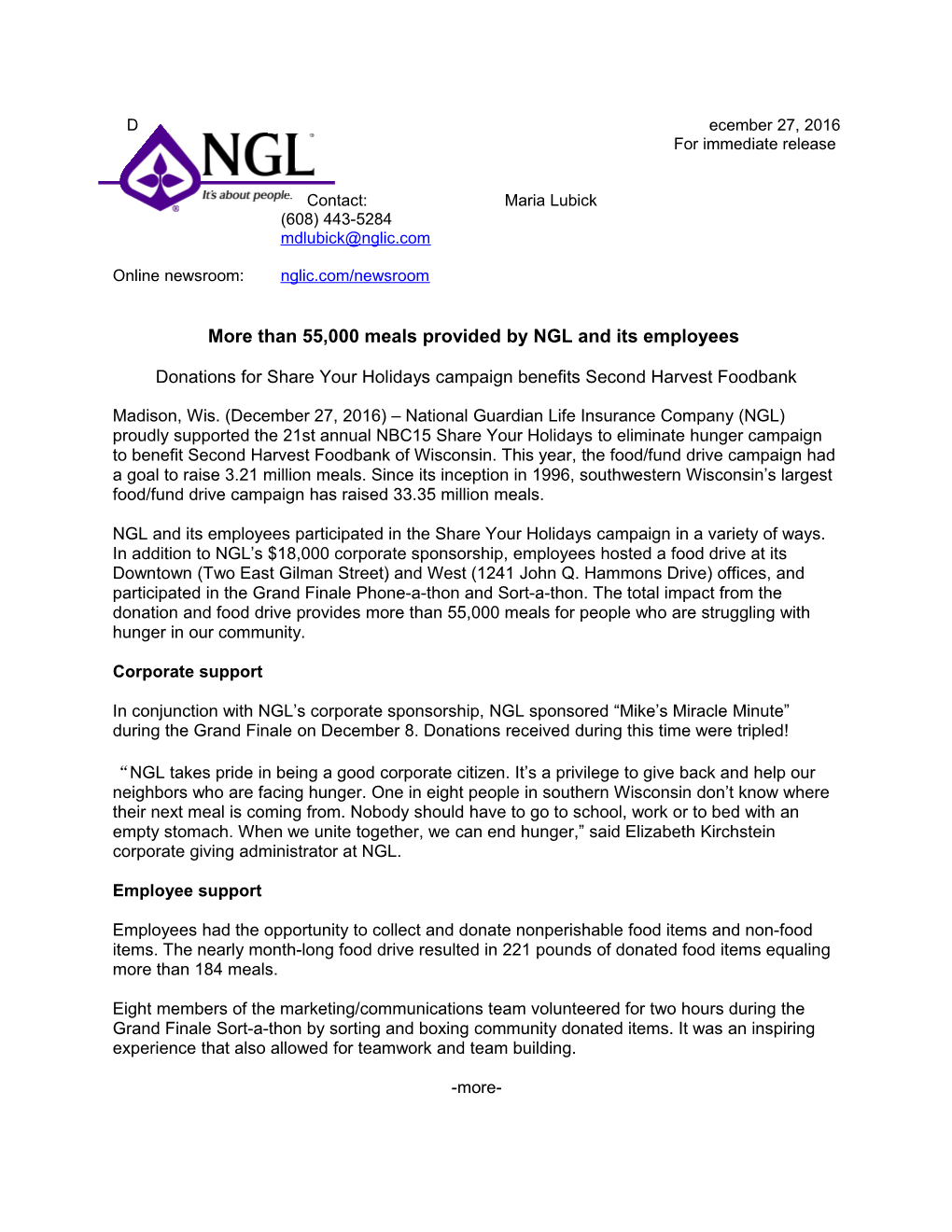 More Than 55,000 Meals Provided by NGL and Its Employees
