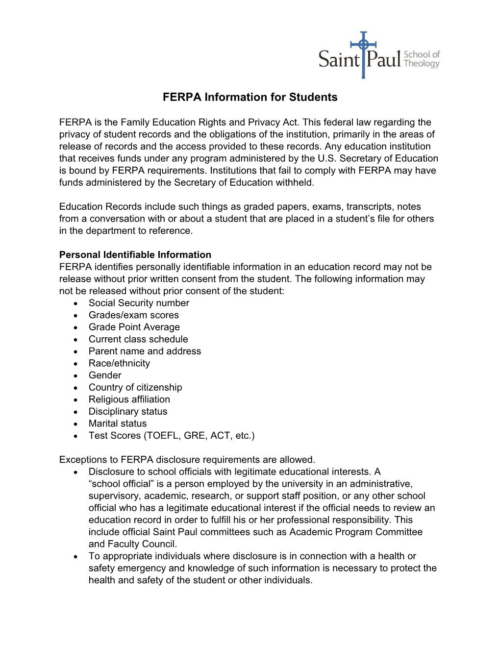 FERPA Information for Students