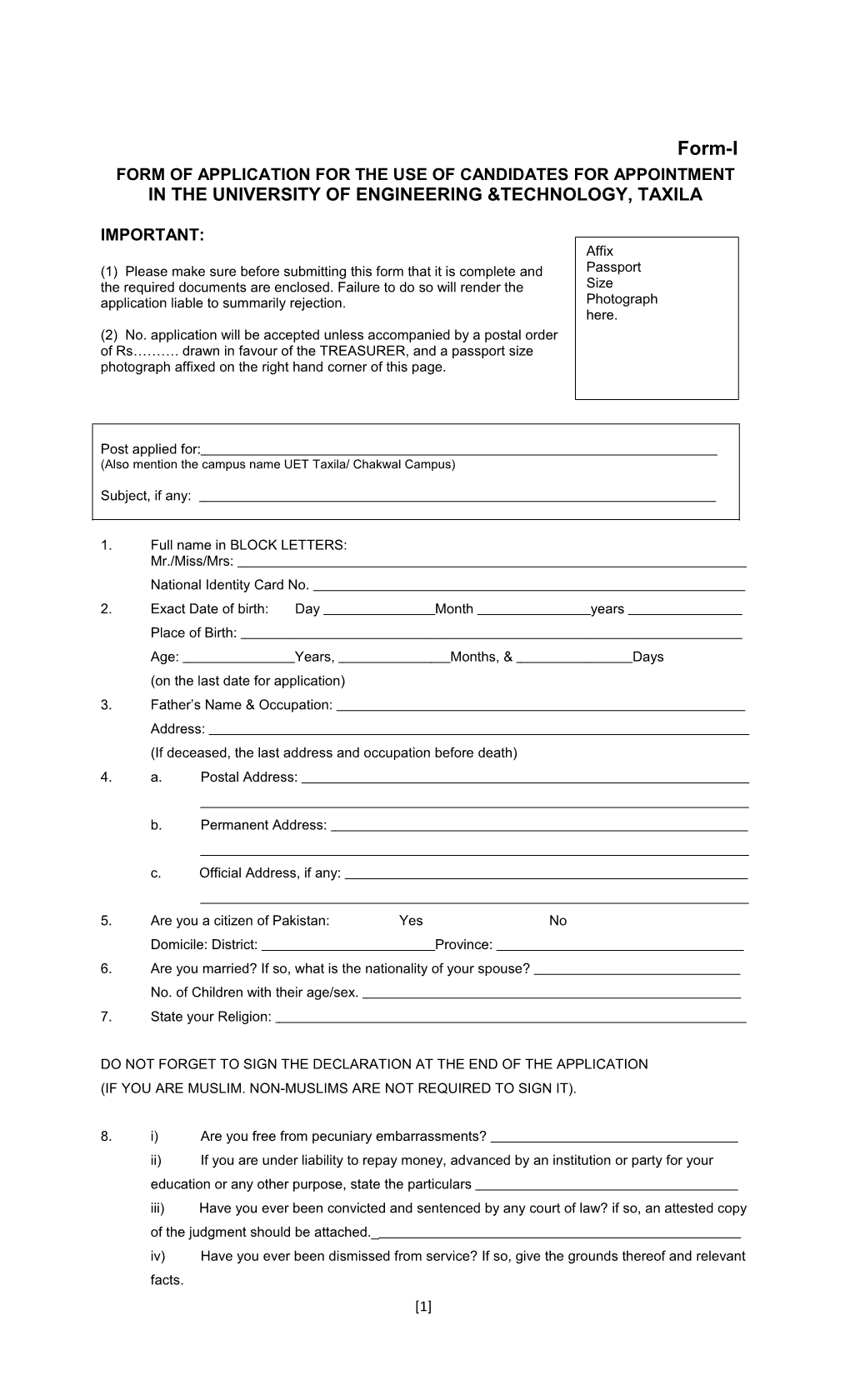 Form of Application for the Use of Candidates for Appointment