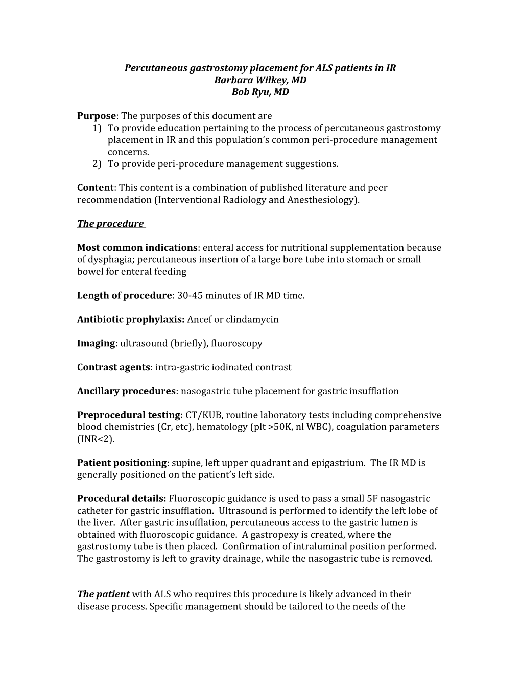 Percutaneous Gastrostomy Placement for ALS Patients in IR