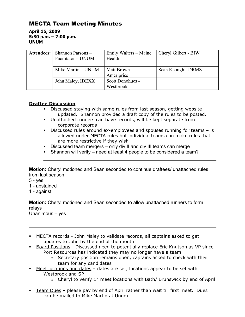 MECTA Team Meeting Minutes