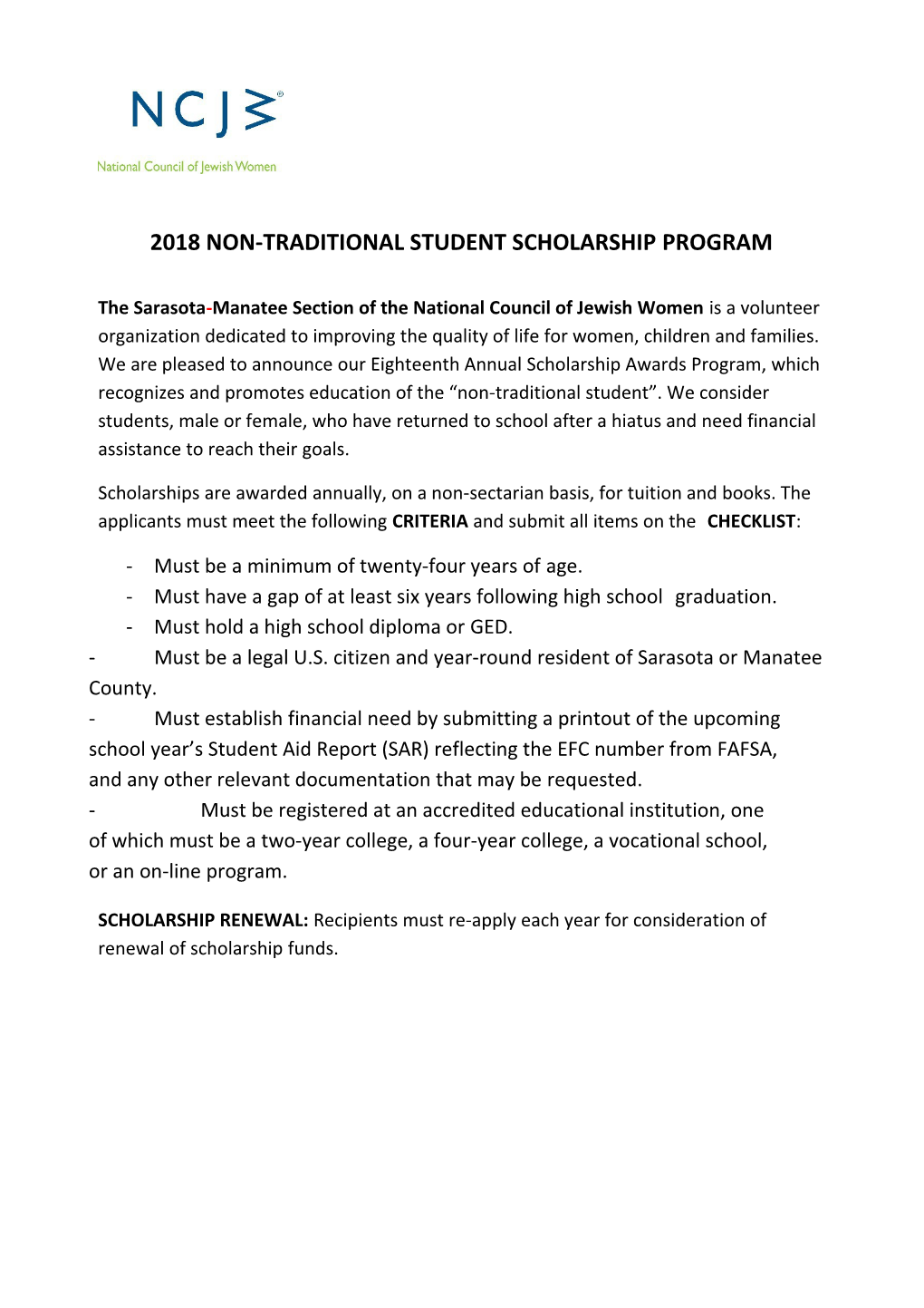 2018 Non-Traditional Student Scholarship Program