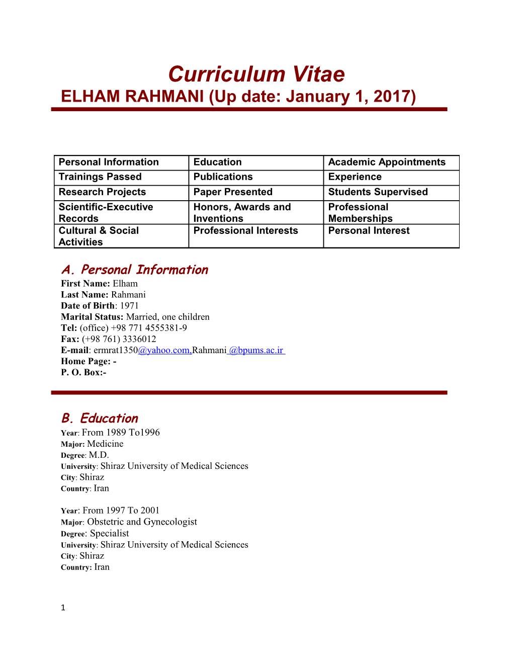 ELHAM RAHMANI (Up Date: January 1, 2017)