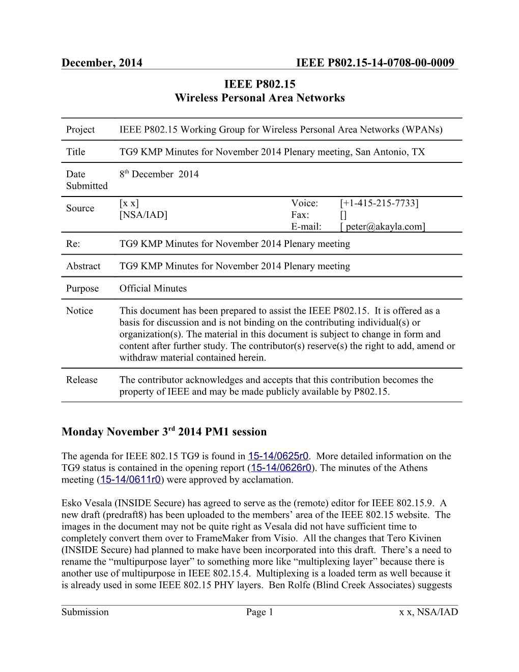 TG9 KMP Minutes for November 2014 Plenary Meeting, San Antonio, TX