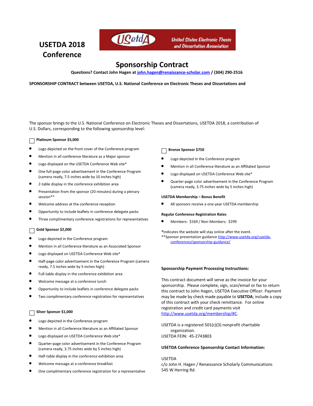 USETDA 2018Conference Sponsorship Opportunities