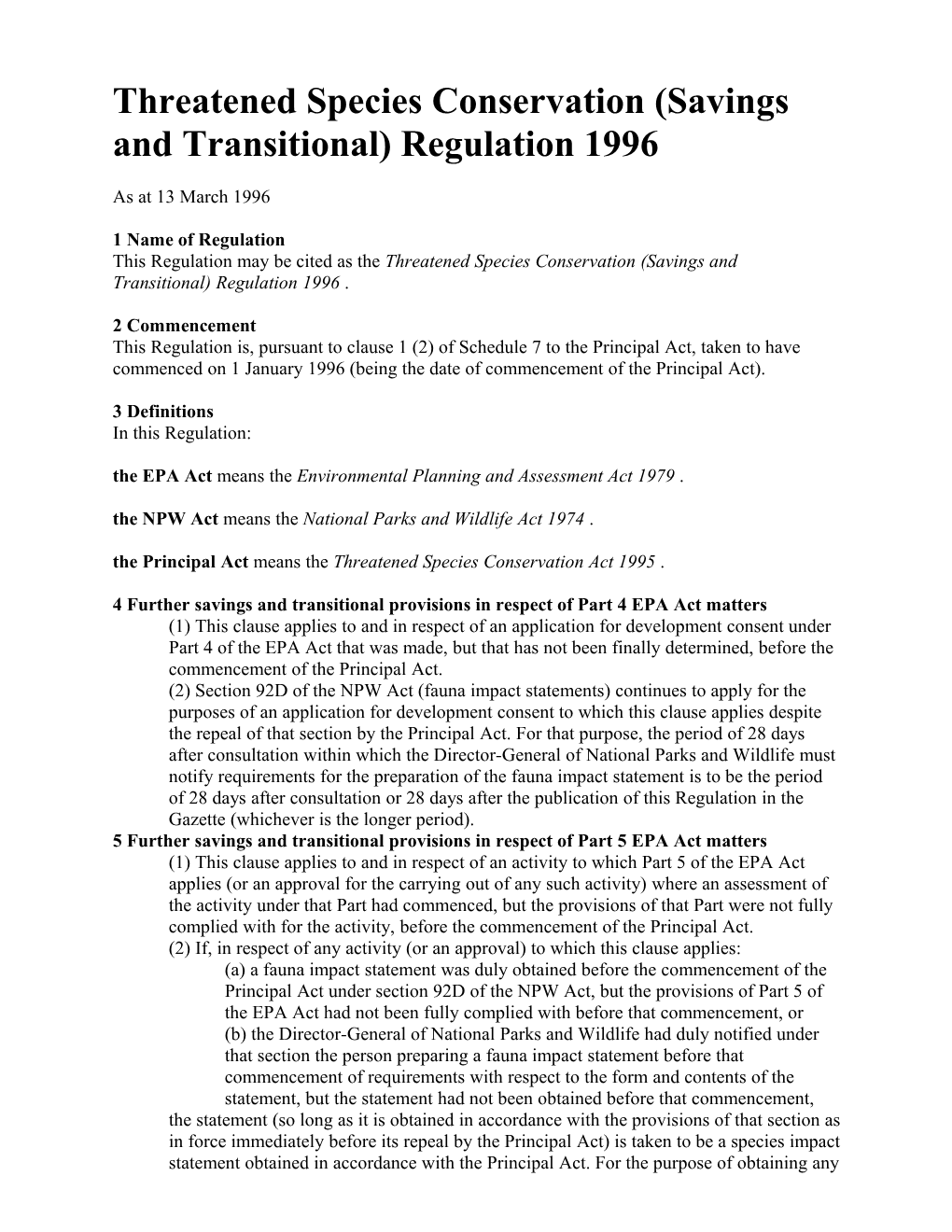 Threatened Species Conservation (Savings and Transitional) Regulation 1996
