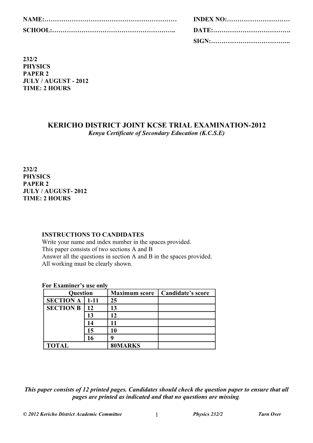 Kericho District Joint Kcse Trial Examination-2012