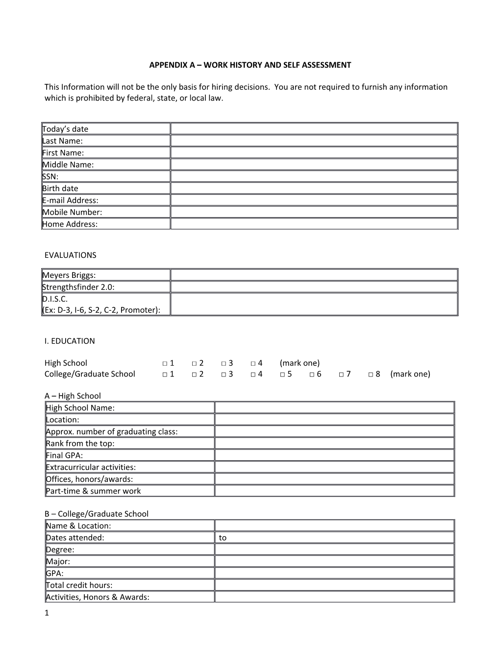 Appendix a Work History and Self Assessment