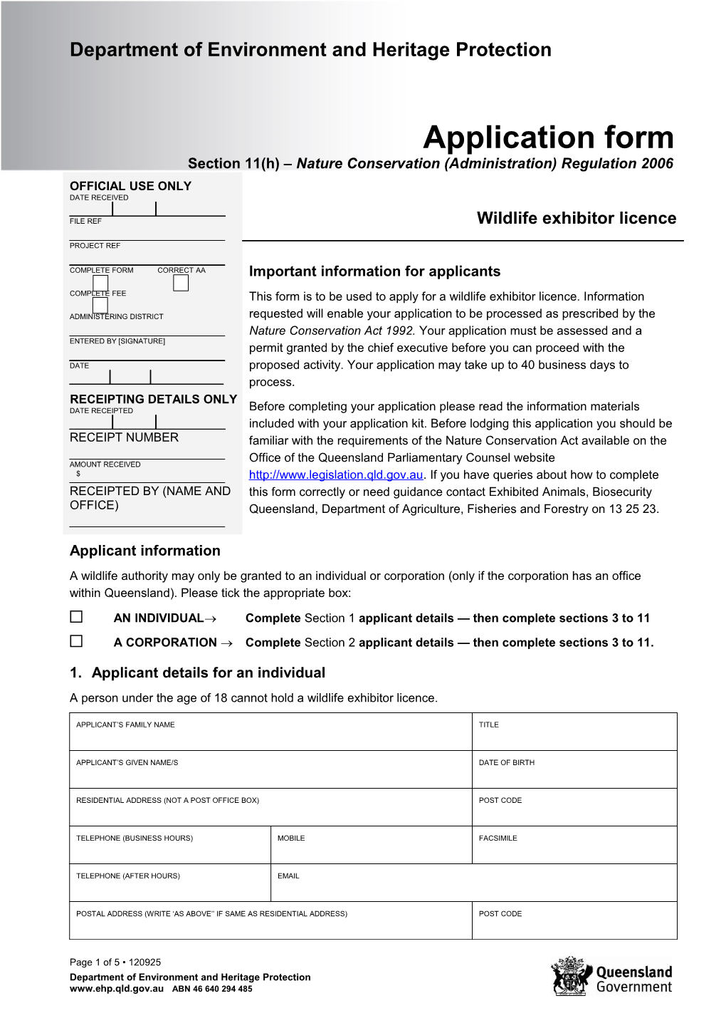 Application Form Wildlife Exhibitor Licence
