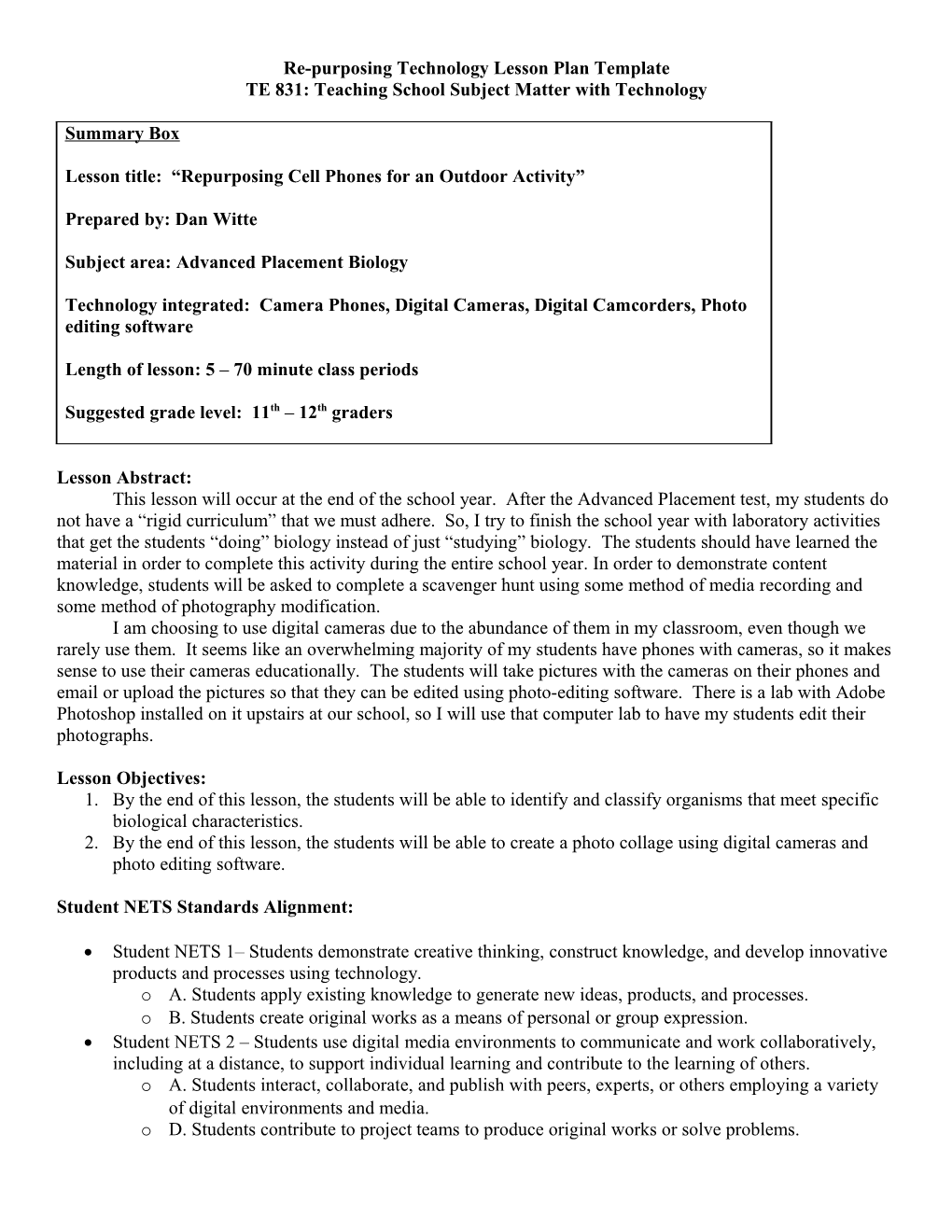 TE 831 Lesson Plan Template