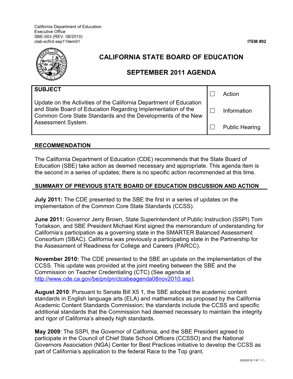 September 2011 Agenda Item 2 - Meeting Agendas (CA State Board of Education)