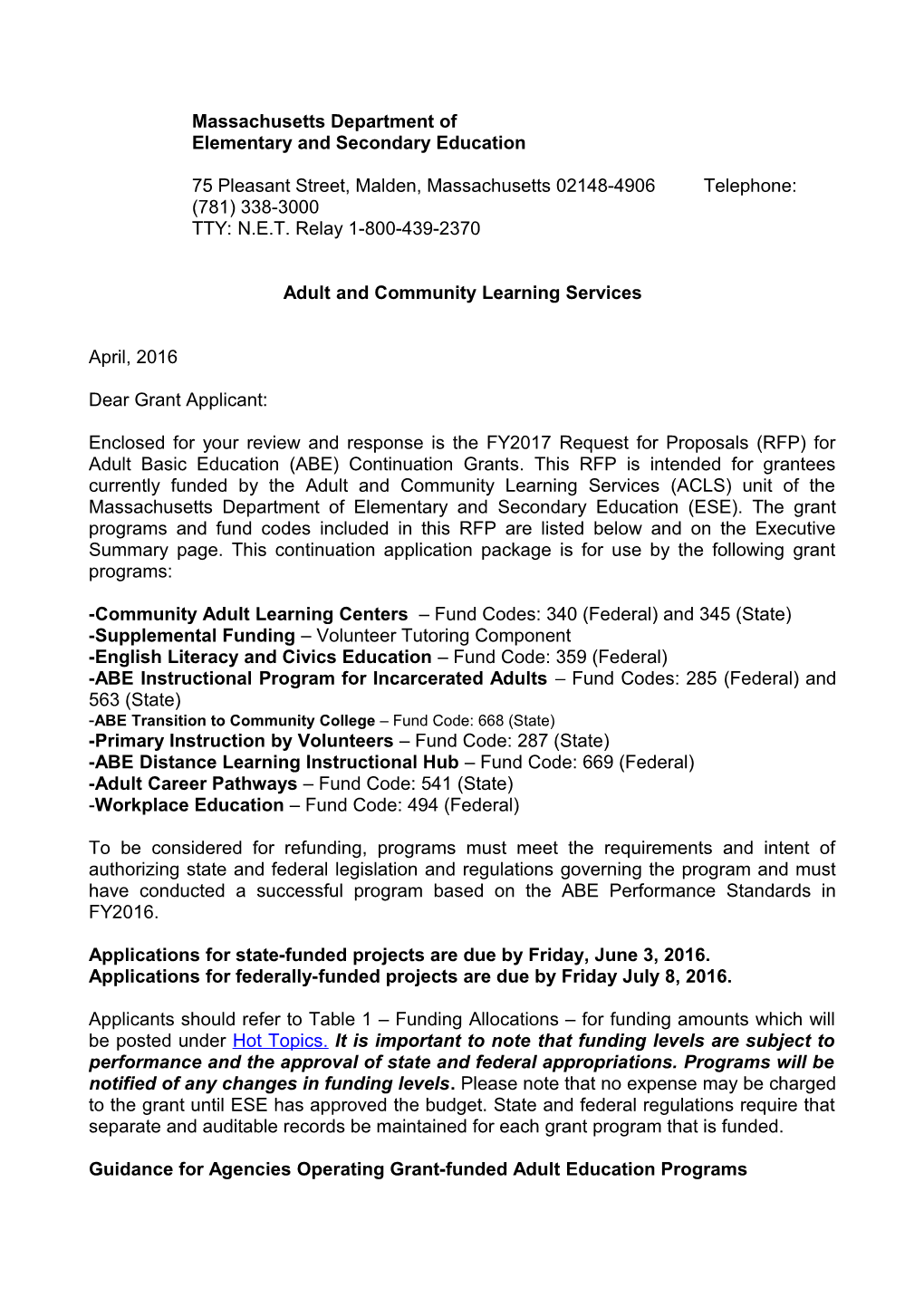 FY2017 Fund Code 669 Adult Basic Education Distance Learning- Instructional Hub Director Letter