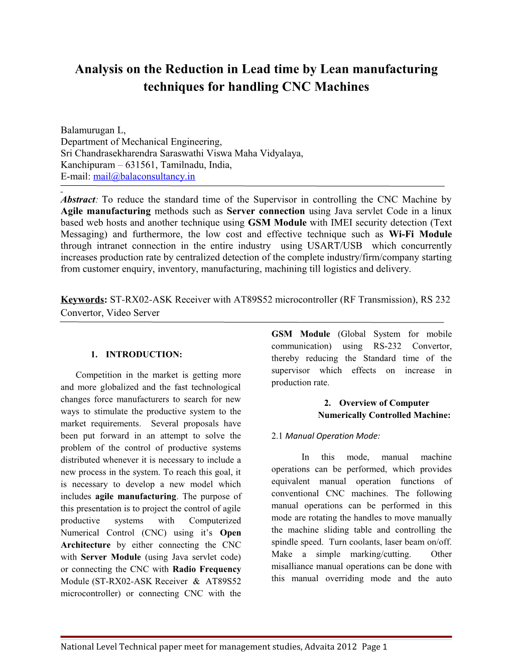 Analysis on the Reduction in Lead Time by Lean Manufacturing Techniques for Handling CNC