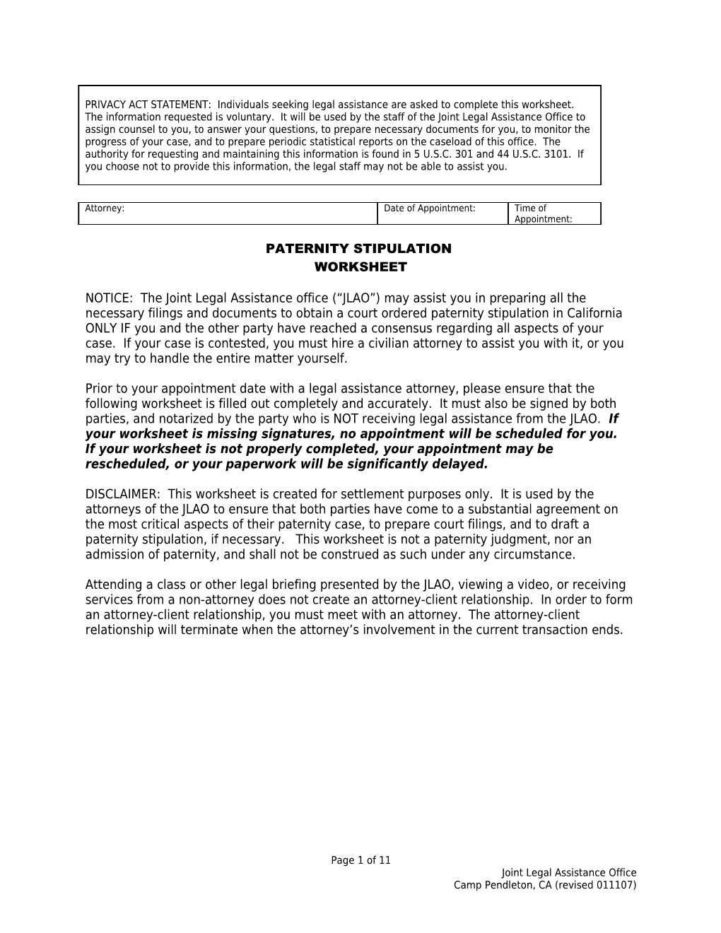 PATERNITY STIPULATION Worksheet