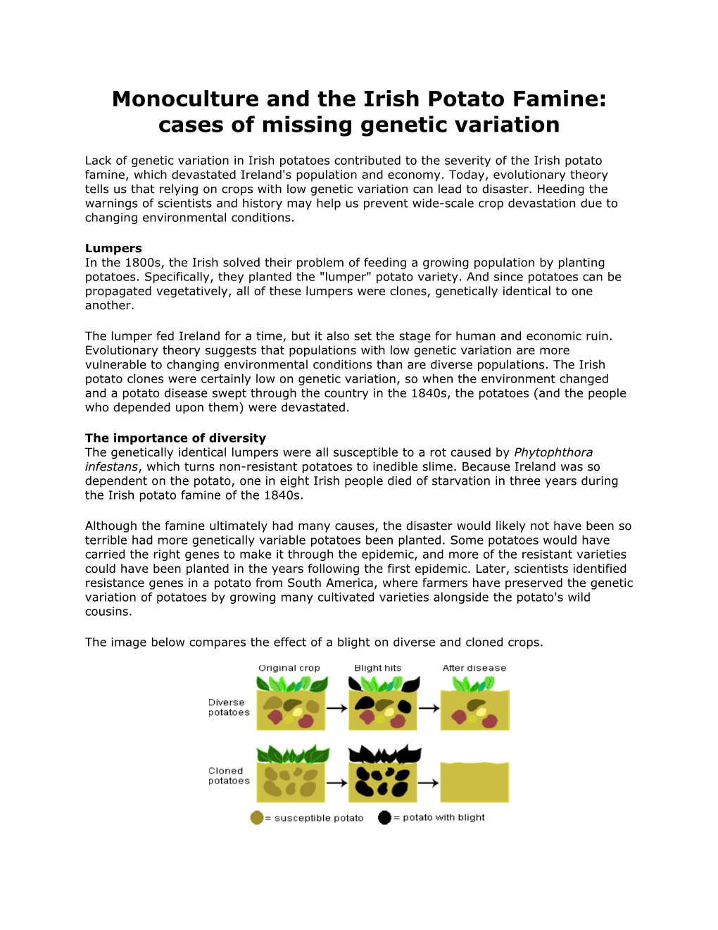 Monoculture and the Irish Potato Famine: Cases of Missing Genetic Variation